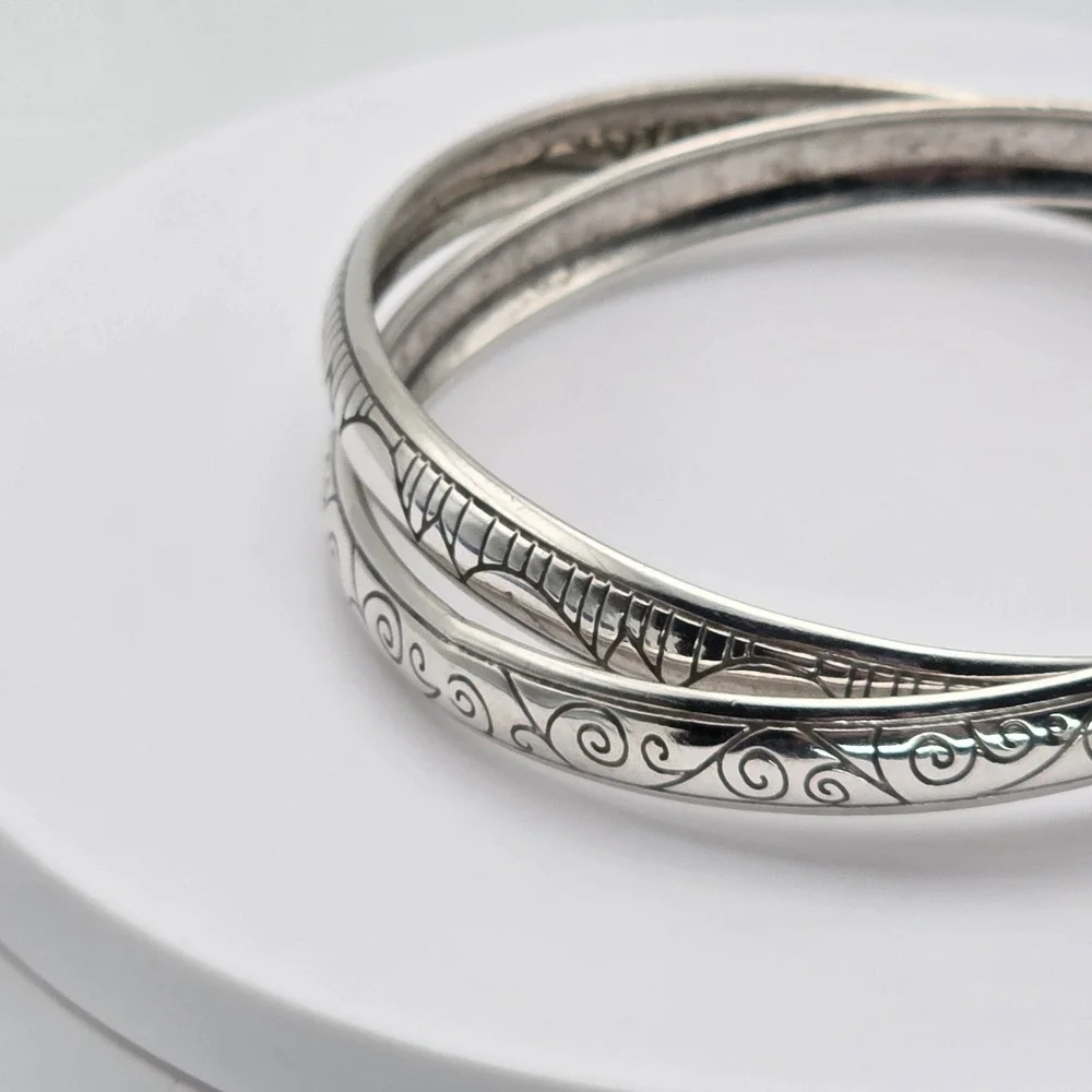 Vtg BRIGHTON 'Avenue' Bracelet Etched Double Interlocked Bangles‎ Silver Plated
